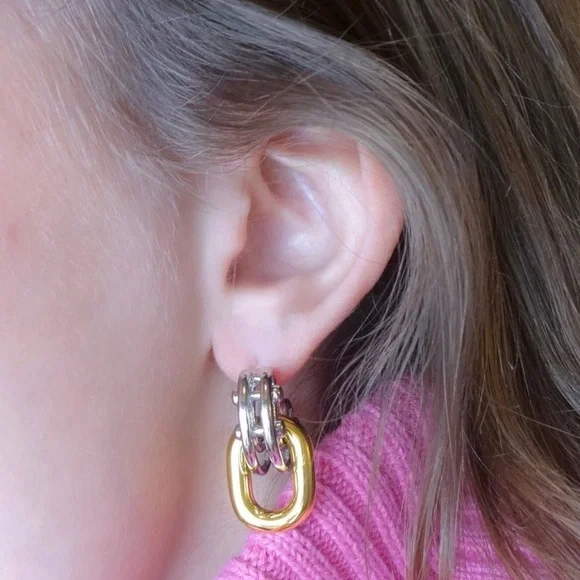 KIKICHIC Two-Tone Modern Dangle Stud Earrings 14k Gold and Silver Plated - Picture 3 of 3